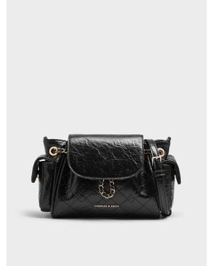 Charles & Keith Duo Quilted Two-Way Front Flap Backpack - Black