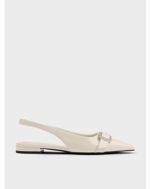 Charles & Keith Patent Crystal-Buckle Pointed-Toe Slingback Flats - White