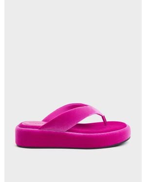 Charles & Keith Velvet Flatform Thong Sandals - Pink