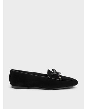 Charles & Keith Leather & Suede Bow Loafers - Black