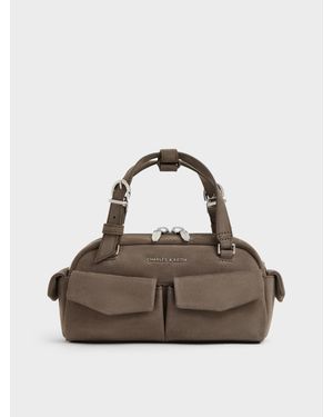Charles & Keith Rachel Multi-Pocket Bowling Bag - Brown