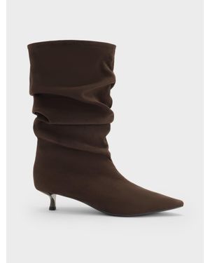Charles & Keith Faux Suede Ruched Kitten-Heel Calf Boots - Brown