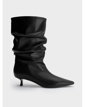 Charles & Keith Ruched Kitten-Heel Calf Boots - Black