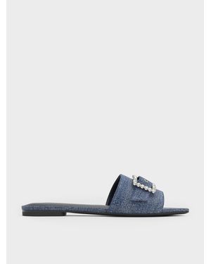 Charles & Keith Denim Gem-buckle Square-toe Slide Sandals - Blue