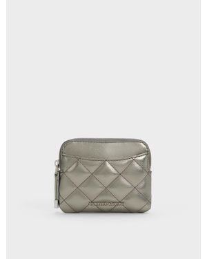 Charles & Keith Alva Metallic Quilted Top-zip Card Holder - Grey
