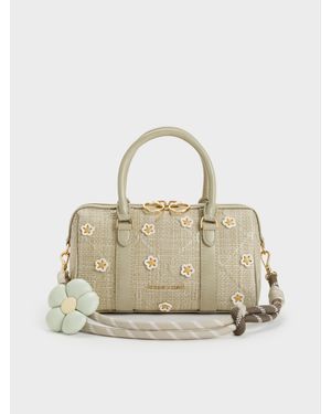 Charles & Keith Philomena Bowling Bag Aus Bast Mit Blumen-Applikationen - Natur