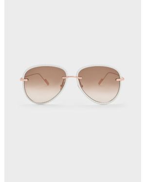 Charles & Keith Leather Braided-rim Aviator Sunglasses - Natural