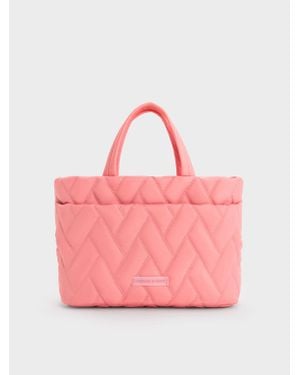 Charles & Keith Nylon Chevron Boxy Tote Bag - Pink