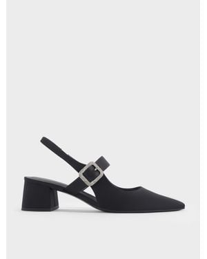 Charles & Keith Satin Crystal-Buckle Block-Heel Slingback Pumps - White
