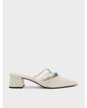 Charles & Keith Georgie Linen Bead Pointed Mules - White