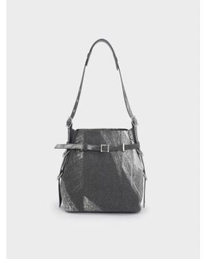 Charles & Keith Bryna Brushed Denim Belted Bucket Bag - White