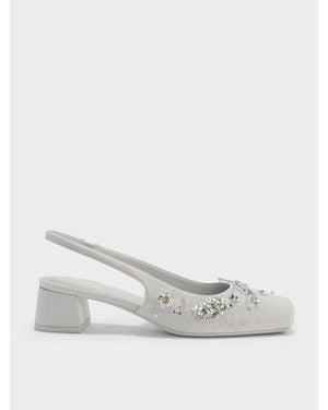 Charles & Keith Sadira Satin Embroidered Sequinned Slingback Pumps - White