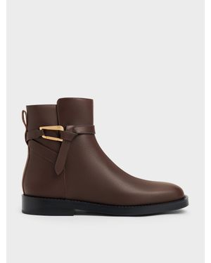 Charles & Keith Daena Leather Metallic-Accent Ankle Boots - Brown