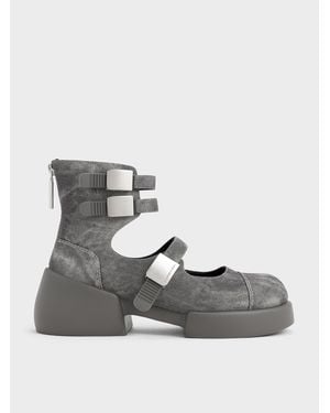 Charles & Keith Robbie Denim-effect Ankle-strap Mary Jane Boots - Grey