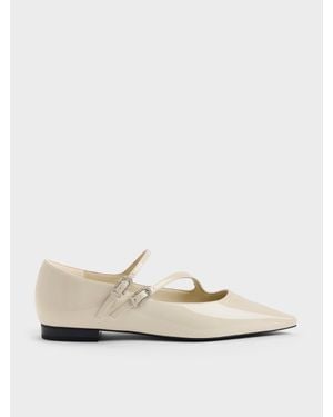 Charles & Keith Patent Crystal-Buckle Double-Strap Mary Janes - White