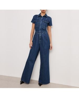 GOOD AMERICAN Fit For Success Pleated Denim Jumpsuit - Blue