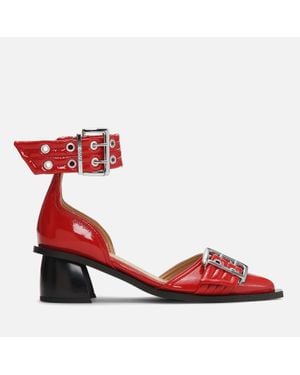 Ganni Feminine Buckle Block Faux Leather Heels - Red