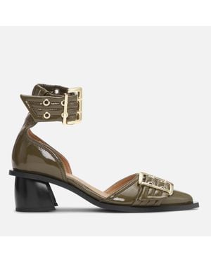 Ganni Feminine Buckle Block Faux Leather Heels - Metallic