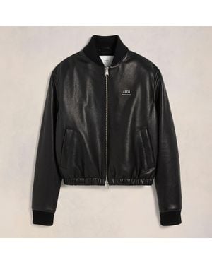 Ami Paris Padded Leather Biker Jacket - Black