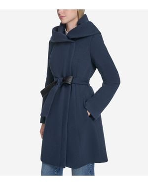 Cole Haan Belted Asymmetrical Zip Front Twill Coat - Blue