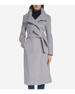 Cole Haan Zip Up Closure Asymmetric Slick Wool Belted Coat - Gray