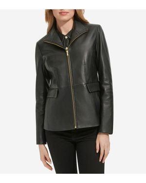 Cole Haan Wing Collar Zip Up Leather Jacket - Black