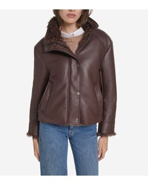 Cole Haan Faux Long Hair Shearling Jacket - Brown