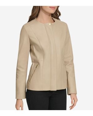Cole Haan Collarless Leather Jacket - Natural