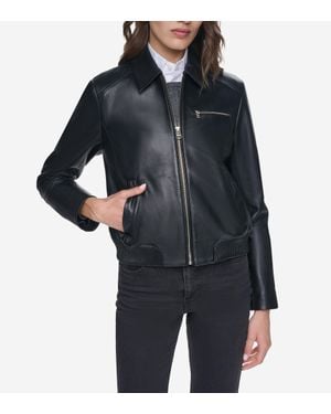 Cole Haan Smooth Leather Bomber Jacket With Chest Pocket - Black