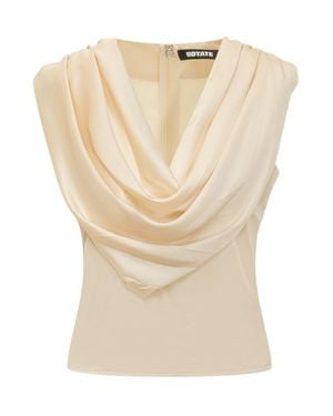 ROTATE BIRGER CHRISTENSEN Flowy Draped Top With Oversized Neck - Natural