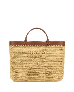 Prada Raffia Shopping Handbag With Calf Leather Trim - Multicolor