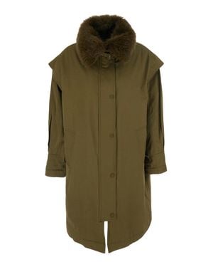 Twinset Faux Fur Collar Cotton-Blend Jacket With Button-Front Closure And Welt Pockets - Green