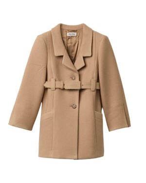 Miu Miu Single-Breasted Waxed Wool Overcoat With Straight Fit And Welt Pockets - Natural