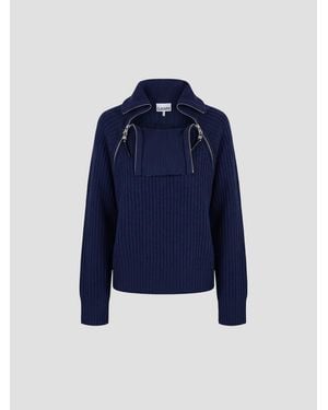 Ganni Wool Melange Rib Stripe Zip Turtleneck - Blue