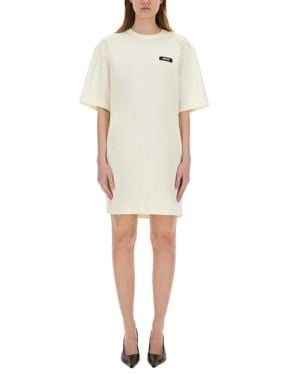 MSGM Short Sleeved Mini Dress With Logo - Natural