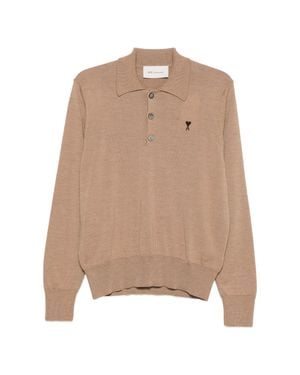 Ami Paris Polo Sweater With Contrasted Ami De Coeur Mini Detail - Natural
