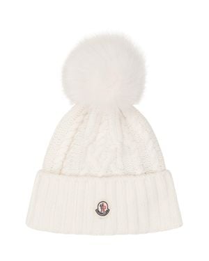Moncler Cable Knit Beanie With Fluffy Pom-Pom - White
