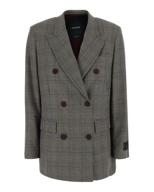 Pinko Wool-Blend Double-Breasted Blazer With Peak Revers & All-Over Stripes Motif - Black