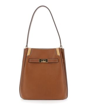 Tory Burch Leather Shoulder Handbag With Front Buckle Closure, Adjustable Strap And-Tone Hardware, 30X25X12 Cm - Brown