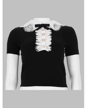 Self-Portrait Lace Collar Knit Polo Top - Black