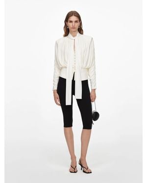 Self-Portrait Inspired Pussy Bow Button-Front Shirt With Removable Shoulder Pads - White