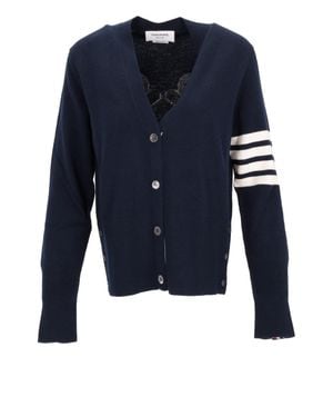 Thom Browne Classic V-Neck Cardigan With Intarsia Knit - Blue