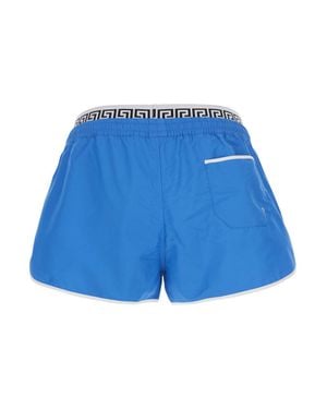 Versace Tech Fabric Swim Shorts With Logo Band, Drawstring Waist & Pockets - Blue