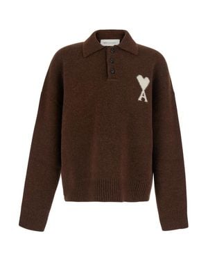 Ami Paris Wool Polo-Collar Sweater With Front Button Placket And Adc Embroidered Detail - Brown