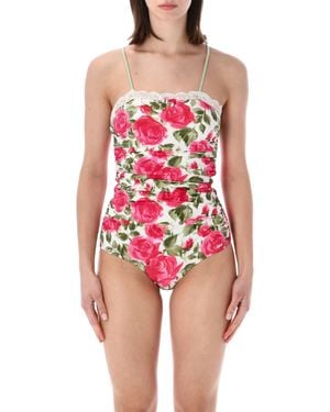 Chloé Ruched One-Piece Swimsuit With Rose Print, Bow Detail & Stretch Fit - Red