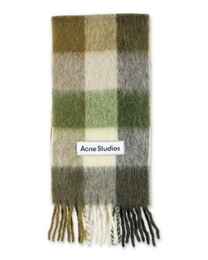 Acne Studios Soft Mohair Checkered Scarf With Fringe Ends And Logo Detail - Green