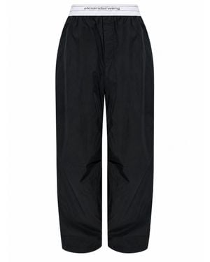 Alexander Wang Logo Cotton Pants With Elastic Waistband, Wide-Leg & Pleated Front - Blue