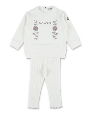 Moncler Baby Cream Set: Floral Embroidered Sweatshirt & Rib-Knit Leggings - White