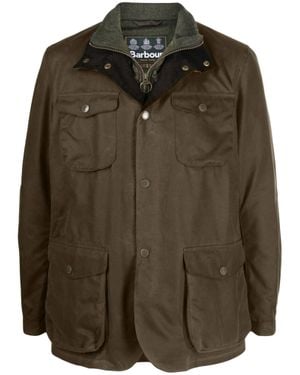 Barbour Cotton/Wool Embroidered Logo Waxed Stand-Up Collar Coat - Green