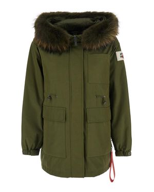 AFTER LABEL Tech Fabric Jacket With Removable Hood, Eco-Fur Lining & Logo Sleeve Patch - Green